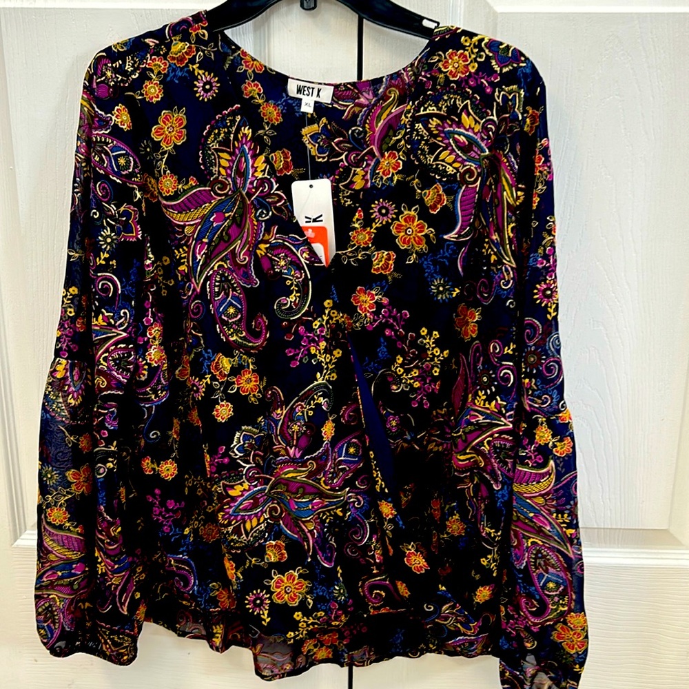 West Kei, XL wrap-style metallic top, fully lined, NWT, non-smoking home